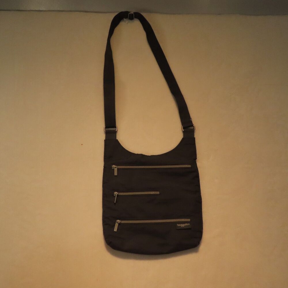 Baggallini Charcoal Gray Pink Nylon Triple Zip Crossbody Travel Bag Purse